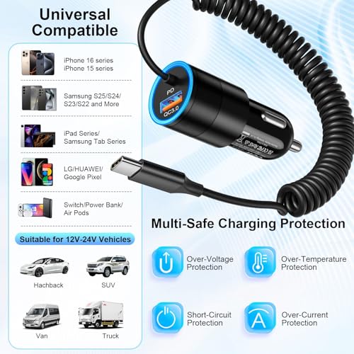 Car Charger USB C,38W Fast Car Adapter Bulit in 3.5FT USB C Coiled Cable - size: 1-Pack