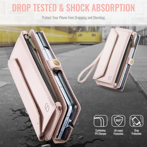 Strapurs Crossbody Wallet Case Compatible with Samsung Galaxy Z Fold 3 with RFID Blocking Card Holder & Pen Holder Slot Soft PU Leather Shoulder Strap Zipper Pocket Purse Fold 3 Phone Case, Rose Gold | RFID Blocking 5-Card Holder, Shoulder Lanyard, Wirst
