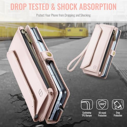 Strapurs Crossbody Wallet Case Compatible with Samsung Galaxy Z Fold 6 with RFID Blocking Card Holder & Pen Holder Slot Soft PU Leather Shoulder Strap Zipper Pocket Purse Fold 6 Phone Case, Rose Gold | RFID Blocking 5-Card Holder, Shoulder Lanyard, Wirst