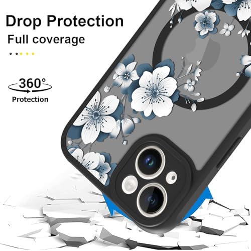 Magnetic for iPhone 15 Case,White Flower | [Compatible with MagSafe] Cute Fashion Translucent Matte Hard Back Shockproof Anti-Scratch Phone Case,Ink Flower - color: Ink Flower, size: iPhone 15