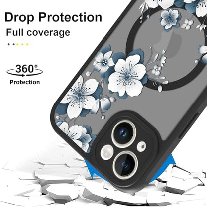 Magnetic for iPhone 15 Plus Case,White Flower | [Compatible with MagSafe] Cute Fashion Translucent Matte Hard Back Shockproof Anti-Scratch Phone Case,Ink Flower - color: Ink Flower, size: iPhone 15 Plus