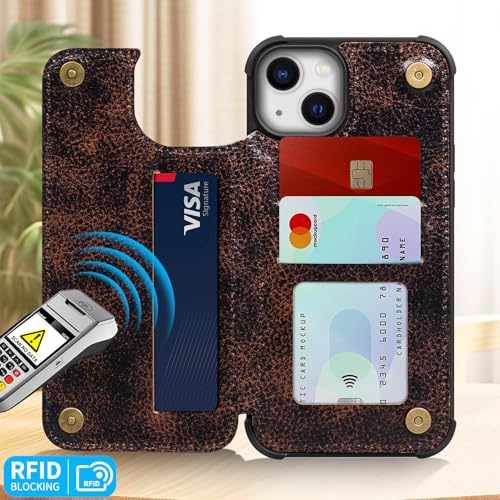 Wallet Real Leather Case Compatible with iPhone 15 6.1" | Genuine Leather,Shockproof, Anti-Fall Case,Flip Cover,with Card Slot,Double Magnetic Buckle,Kickstand,RFID Blocking Coffe - color: Brown Coffee, size: 6.1"-15