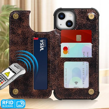Wallet Real Leather Case Compatible with iPhone 15 6.1" | Genuine Leather,Shockproof, Anti-Fall Case,Flip Cover,with Card Slot,Double Magnetic Buckle,Kickstand,RFID Blocking Coffe - color: Brown Coffee, size: 6.1"-15