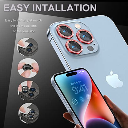 [3+1] Compatible for iPhone 15 Pro ＆ iPhone 15 Pro Max Camera Lens Protector 9H Tempered Glass Camera Cover Metal Individual Ring Full Coverage Camera Lens Protector with Removal Tool (glitter red) - color: glitter red
