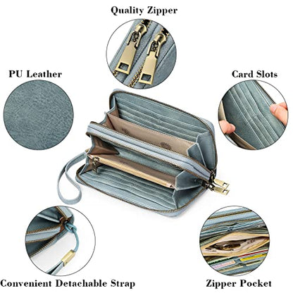 GAEKEAO RFID Leather Wristlet Wallet for Women with Grip Strap | Large capacity clutch wallet, credit card holder, wrist strap, zipper purse, travel and shopping - color: A06 Retro Light Blue-1