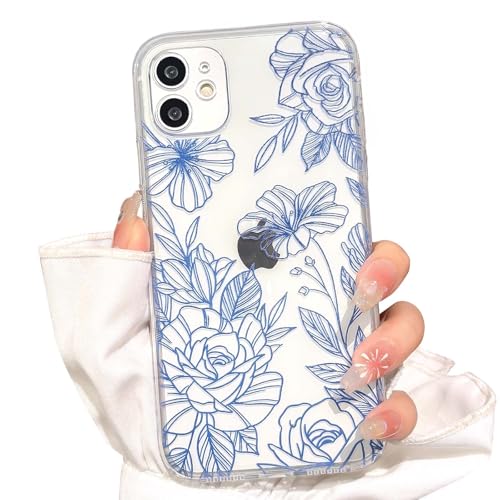NITITOP for iPhone 12 Case Cute Clear Floral Flower - Blue | For girls women, Girly, Aesthetic, Soft TPU, Full camera lens, Protective, Shockproof phone cover - color: Blue, size: iPhone 12
