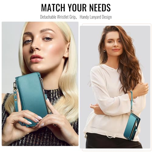 Defencase for Samsung Galaxy Z Fold 6 Wallet Case with Card Holder, Green | Durable Soft PU Leather, RFID Blcking Zipper Pocket, with S-Pen Holder & Strap, Flip Phone Cases with Stand for Women Men - color: Blue Green