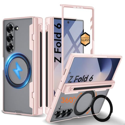 Upgraded 360° Spin Magnetic Invisible Ring Stand for Samsung Galaxy Z Fold 6 Case,[Compatible with MagSafe][S Pen Holder][Hinge Protection][Screen Protector],Shockproof Full Body Phone Cover (Pink) - color: Pink