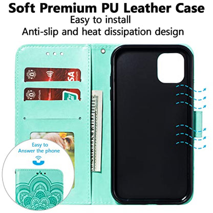 EYZUTAK Case for iPhone 13 Pro, Premium PU Leather Magnetic Flip Wallet Case with Card Holder Cash Slot Lanyard Strap Kickstand Function Embossed Mandala Flower Pattern Shockproof Cover - Green - color: Green, size: iPhone 13 Pro