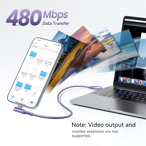 240W USB C to USB C Cable 10FT 2Pack, 2-in-1 Right Angle, Fast Charging - color: Purple