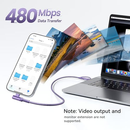 240W USB C to USB C Cable 10FT 2Pack, 2-in-1 Right Angle, Fast Charging - color: Purple