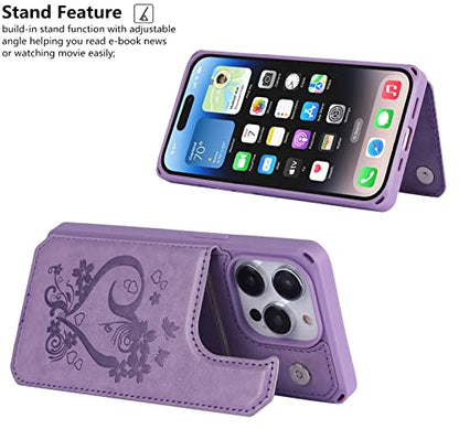 iCoverCase Compatible with iPhone 14 Pro Wallet Phone Case with Card Holder for Women, RFID Blocking Embossed PU Leather Wrist Strap Case 6.1 Inch (Heart Purple) - color: H-Purple