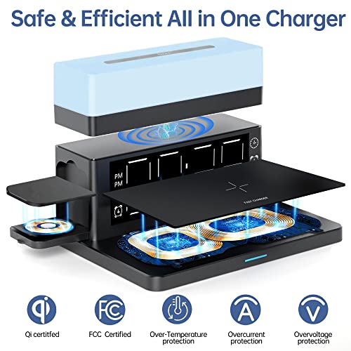 Wireless Charger,6 in 1 Wireless Charging Station with Digital Alarm Clock & Night Light,15W Fast Charger Compatible with iPhone 14/13/12/11/XS Samsung Galaxy AirPods & Apple Watch (Black)