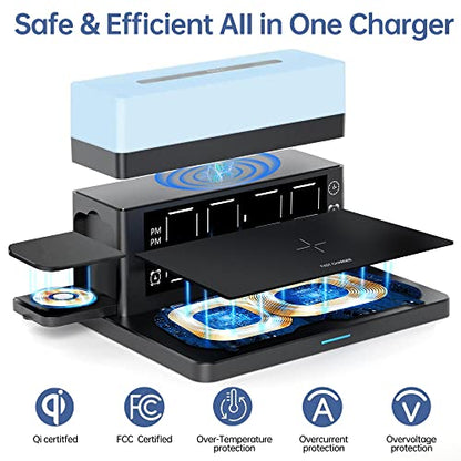 Wireless Charger,6 in 1 Wireless Charging Station with Digital Alarm Clock & Night Light,15W Fast Charger Compatible with iPhone 14/13/12/11/XS Samsung Galaxy AirPods & Apple Watch (Black)