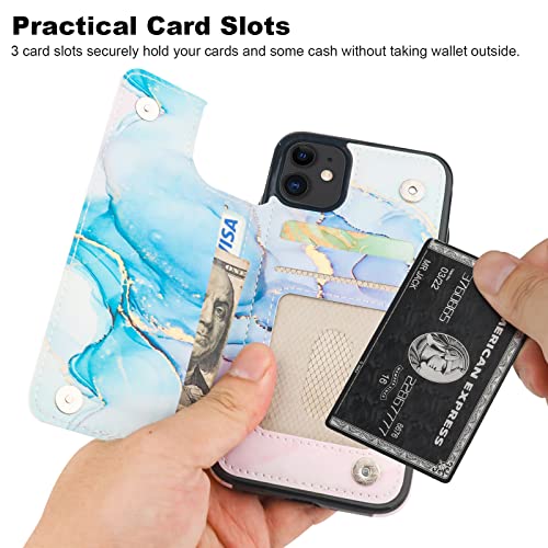 HAOPINSH for iPhone 11 Wallet Case with Card Holder, Pink Blue Marble Pattern Back Flip Case PU Leather Kickstand Card Slots Case for Women Girls, Double Magnetic Clasp Shockproof Cover 6.1" - color: Pink Blue Marble