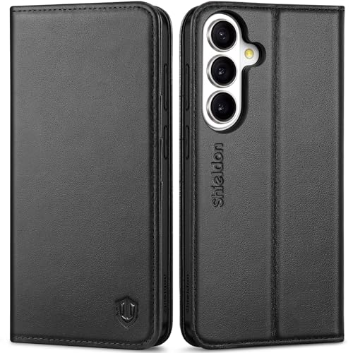 SHIELDON Genuine Leather Folio Wallet Case for Galaxy S26 6.5" 2026, Black | Flip Magnetic Cover, Kickstand, RFID Blocking, 3 Credit Card Holder, Book Design, Shockproof, Soft Inner Phone Case - color: Black, size: for Galaxy S26