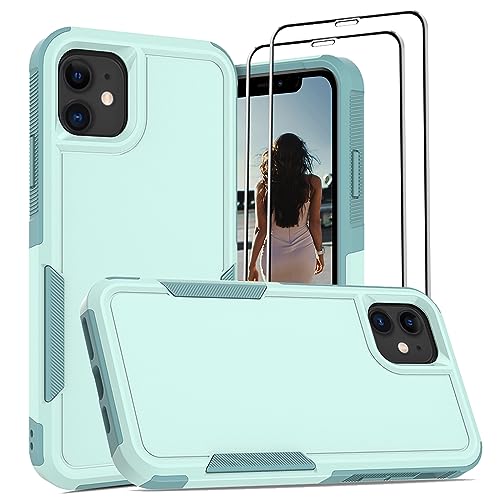 Jeylly for iPhone 11 Case, for iPhone 11 Case [3 in 1] Shockproof TPU Hard Back Hybrid Design and [2 x Tempered Glass Screen Protector], Military Grade Drop Proof Full Body Protective Cover, Turquoise | for iPhone 11 Case Military Grade Drop Proof Full Bo
