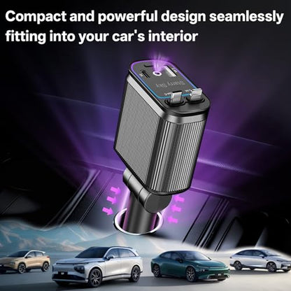 Retractable Car Charger, 4-in-1 Fast Charger with USB-C & USB-A - color: Purple Starry Sky Light