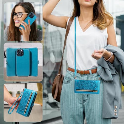 Asuwish Phone Case for iPhone 15 Pro 6.1 inch Zipper Wallet Magnetic Detachable Cell Cover with Tempered Glass Screen Protector Crossbody Strap Flower Credit Card Holder i Phone15 i15 15Pro Women Blue - color: Blue