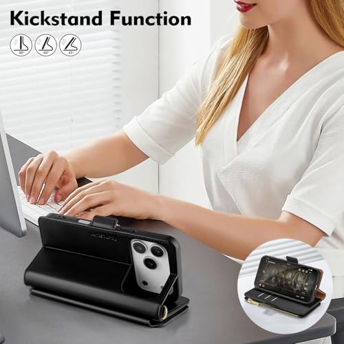 Antsturdy for iPhone 17 Pro Phone Wallet Case Women,Black | RFID Blocking,with Credit Card Holder Slots,PU Leather Purse,Zipper Pocket,Wrist Strap Kickstand,Flip Folio Cover for Men - color: Black