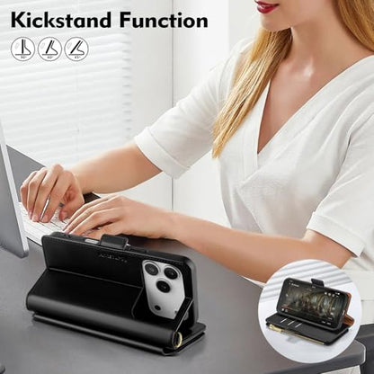 Antsturdy for iPhone 17 Pro Phone Wallet Case Women,Black | RFID Blocking,with Credit Card Holder Slots,PU Leather Purse,Zipper Pocket,Wrist Strap Kickstand,Flip Folio Cover for Men - color: Black