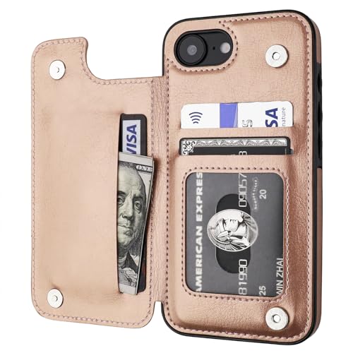 ONETOP for iPhone 17e/16e Wallet Case with Credit Card Holder,Rosegold | Kickstand,ID/Cash Holder,Case Wallet with Card Slots,Double Magnetic Clasp,Durable PU Leather Shockproof Cover for Women Men - color: Rose Gold