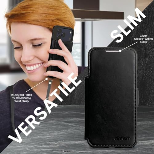 Dreem Real Leather Magnetic Detachable Wallet Case for iPhone 17 Pro | Revolutionary Vert/Hor Phone Stand, RFID Blocking Card Holder Flip Cover, MagSafe-Fit, Gift Box [Fibonacci: Black]