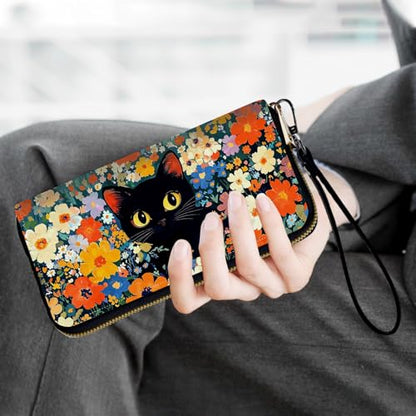 Ladies Wallet,Clutch Purses for Women Wallets Leather Credit Card Holder for Women Wristlet Slim Small Cute with Zipper,Thin RFID Blocking with Wrist Strap,Flower Black Cat - color: Flower Black Cat