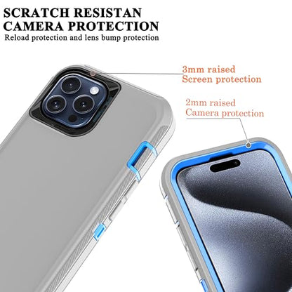 for iPhone 15 Pro Case Shockproof Dropproof Dust-Proof Drop Proof 3-in-1 Durable Phone Case Heavy Duty Protection Phone Case Cover for Apple iPhone 15 Pro 6.1" Grey/Blue