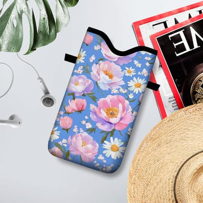 Neoprene Cell Phone Sleeve Pouch Case Bag with Crossbody Strap Neck Lanyard for Women 7.1 X 3.9 in Blue Flower - color: Blue Flower