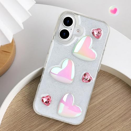 Compatible with iPhone 16 Plus Bling Case Laser Colour 3D Crystal Love Heart Pearl Diamond Glitter Clear Case Cute Girly Women Slim Soft TPU Transparent Phone Cover