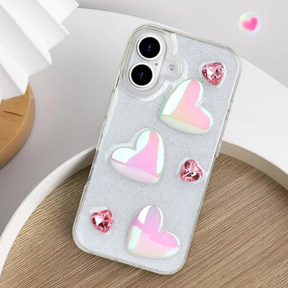 Compatible with iPhone 16 Plus Bling Case Laser Colour 3D Crystal Love Heart Pearl Diamond Glitter Clear Case Cute Girly Women Slim Soft TPU Transparent Phone Cover