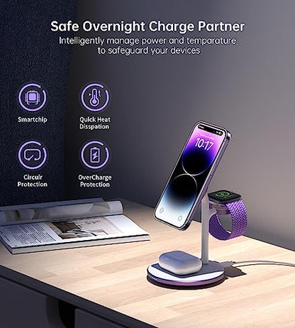 3 in 1 Magnetic Wireless Charging Station for Apple Devices,15W for Magsafe - color: Lavender Purple