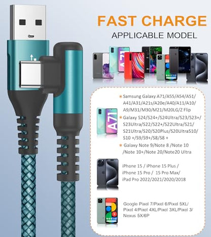 USB to USB C Cable Right Angle 3.1A Fast Charger Carplay 2Pack 10ft Green - color: green, size: 10ft+10ft