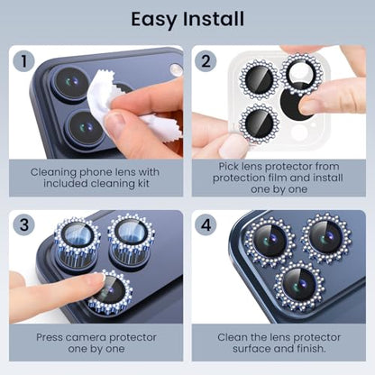 Compatible for iPhone 17 Pro/17 Pro Max Camera Lens Protector, Explosion-Proof 9H Tempered Glass with Diamond Gear Metal Ring, HD Anti-Scratch Lens Protection Decoration Accessories (Blue)