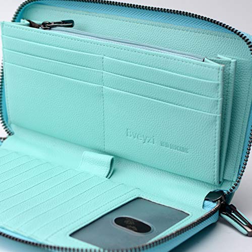 Bveyzi Women RFID Blocking Wallet Leather Zip Around Phone Clutch Large Capacity Ladies Travel Purse Wristlet - color: Light Blue