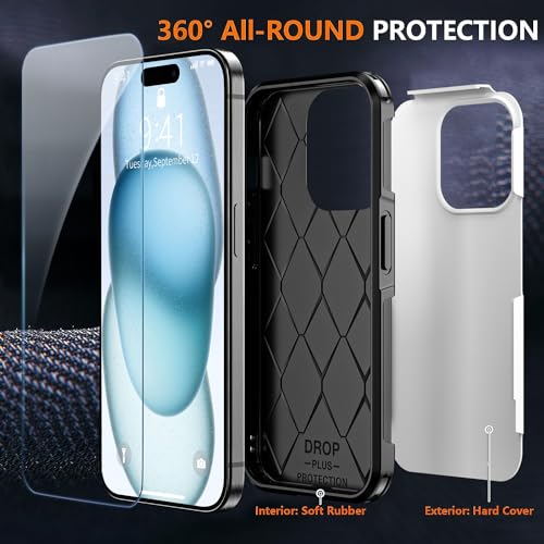 AEDILYS® for Apple Recommend Shockproof iPhone 15 Case,[15 FT Military Grade Drop Protection],with 2X [Kevlar® 9H Glass Screen Protector] (White) - color: White