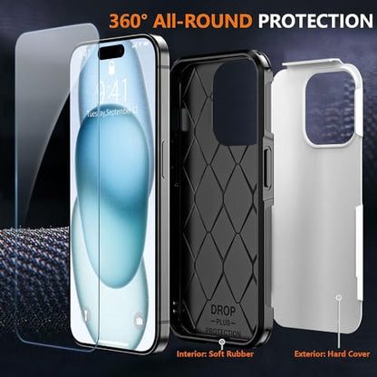AEDILYS® for Apple Recommend Shockproof iPhone 15 Case,[15 FT Military Grade Drop Protection],with 2X [Kevlar® 9H Glass Screen Protector] (White) - color: White