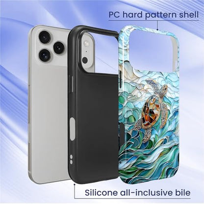 Case Compatible with iPhone 17 Pro, Cute Dual Layer Hybrid Phone Cover, Military Grade Drop Protection, Aesthetic Shockproof Phone Case for Women Girls, Stained Glass Sea Turtle - color: Stained Glass Sea Turtle, size: Iphone 17 Pro