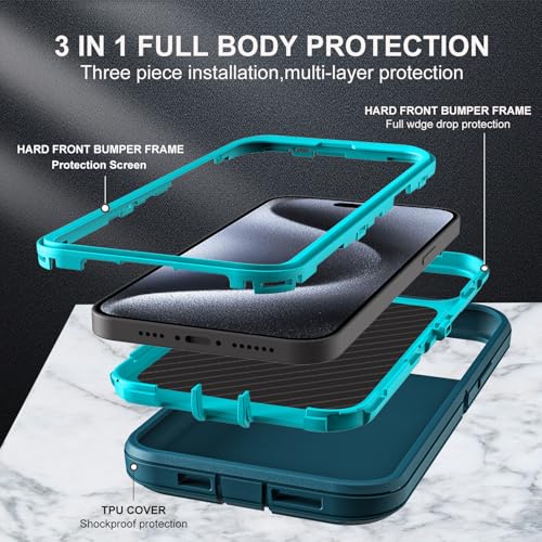 YKHJKLEC for iPhone 15 Pro Case, Compatible with Magsafe, Military Grade 3 in 1 Heavy Duty Shockproof/Drop Proof/Dust Proof Case with 2Pcs Tempered Glass Screen Protector (New-Blue/Turquoise) - color: New-Blue/Turquoise