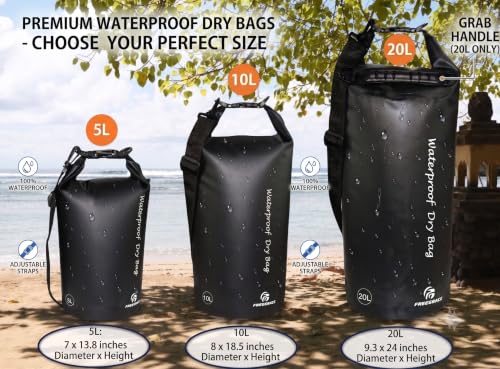Freegrace Waterproof Dry Bag with Double Zip-Lock, Phone Case & Waist Pouch | 5L Black, Submersible 500D Tarpaulin, Adjustable Crossbody Strap, Floating Gear For Kayaking, Boating, Swimming, Scuba Diving - color: Black, size: 5L, style: Without Window