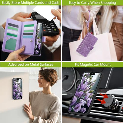 Varikke for iPhone 14 Plus Wallet Case Detachable with Card Holder for Women, Fashion Glitter Leather Strap Strong Magnetic Flip Wallet Removable Phone Case Cover for iPhone 14 Plus 6.7", Light Purple | Strong Magnetic Detachable, with 9-Card Holder Slots