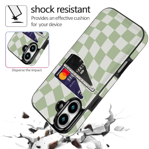 Compatible with iPhone 17 Case Soft Shockproof Card Holder | 2 Card Holder,Cute Green Checkerboard Cover 6.3 inch for Girls Women - color: Green Checkerboard, size: iPhone 17 6.3 inch