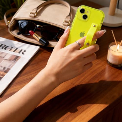 Strap Case for iPhone 15 with Stand, Neon Green | Wrist Strap Kickstand, Adjustable Finger Hand Grip Loop, Slim Transparent Anti-Scratch Back, Soft Bumper Phone Cover - color: Neon Green, size: iPhone 15