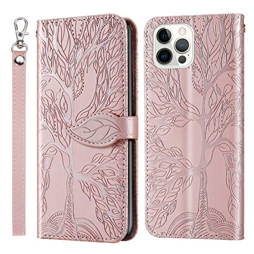 Wallet Case for iPhone 12 Pro Max 6.7" with Card Holder,PU Leather Flip Folio Shell Wrist Strap Stand Function Magnetic Closure Phone Cover fits iPhone 12 Pro Max 6.7 inch,Rose Gold - color: Rose gold, size: iPhone 12 Pro Max (6.7 inch)