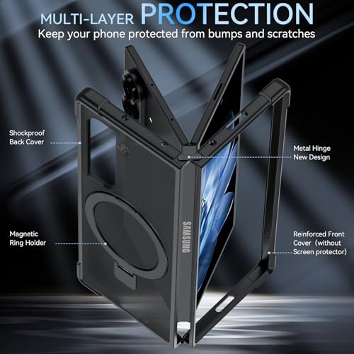 Hensinple for Samsung Galaxy Z Fold 6 Case with Ring Stand, [Compatible with MagSafe][Slim Fit], Magnetic Charing Translucent Back Shockproof Phone Case for Z Fold 6, Black - color: Black