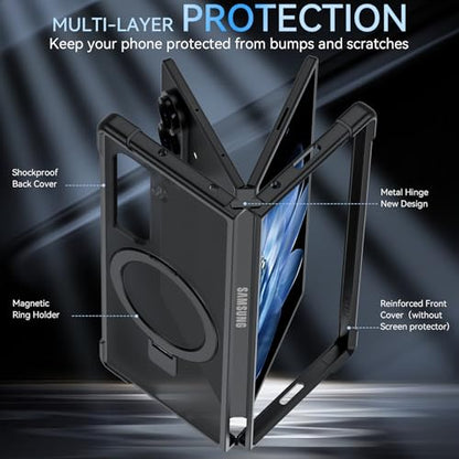 Hensinple for Samsung Galaxy Z Fold 6 Case with Ring Stand, [Compatible with MagSafe][Slim Fit], Magnetic Charing Translucent Back Shockproof Phone Case for Z Fold 6, Black - color: Black