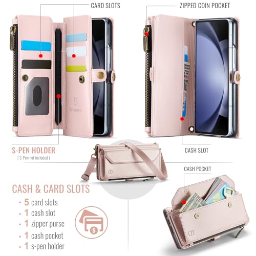 Strapurs Crossbody Wallet Case Compatible with Samsung Galaxy Z Fold 5 with RFID Blocking Card Holder & Pen Holder Slot Soft PU Leather Shoulder Strap Zipper Pocket Purse Fold 5 Phone Case, Rose Gold | RFID Blocking 5-Card Holder, Shoulder Lanyard, Wirst