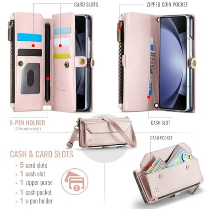 Strapurs Crossbody Wallet Case Compatible with Samsung Galaxy Z Fold 5 with RFID Blocking Card Holder & Pen Holder Slot Soft PU Leather Shoulder Strap Zipper Pocket Purse Fold 5 Phone Case, Rose Gold | RFID Blocking 5-Card Holder, Shoulder Lanyard, Wirst