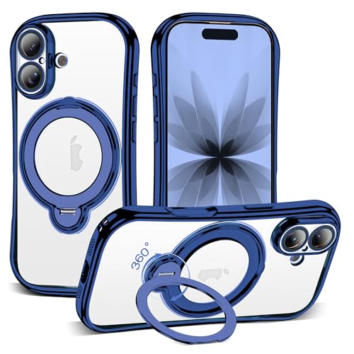 Clear Phone Case for iPhone 17 6.3", Deep Blue | Compatible with iPhone 17 Case with 360° Rotatable Magnetic Ring Stand Full Camera Lens Protector Plating Mag-safe Case - color: Deep Blue, size: Iphone 17